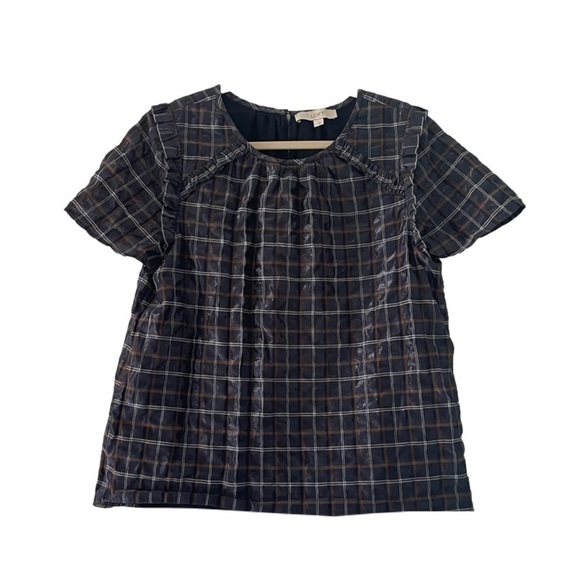 LOFT Metallic Navy Plaid Ruffle Short Sleeve Top, L - Picture 5 of 12